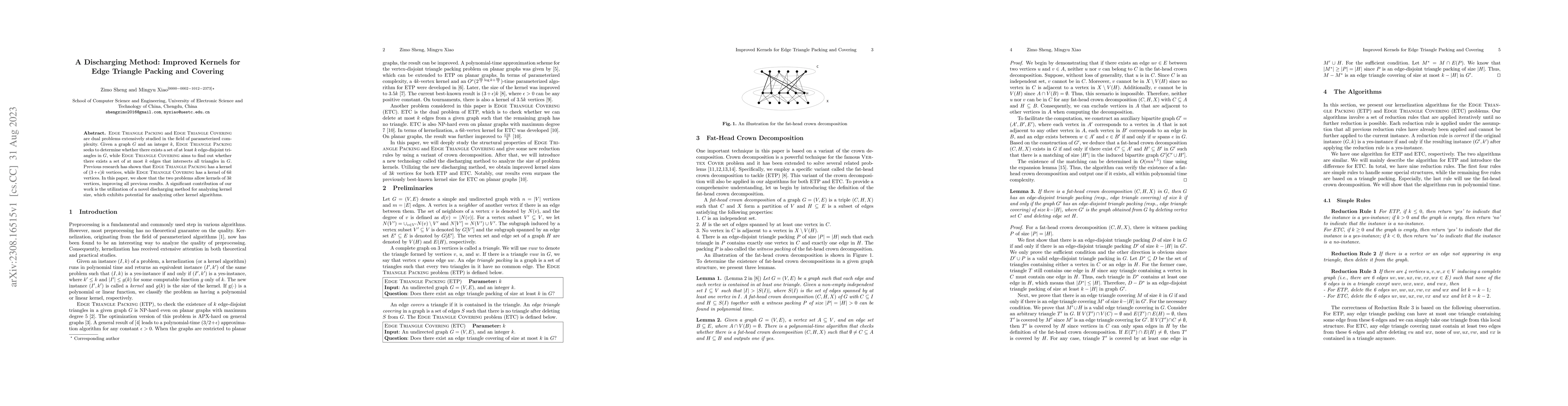 Thumbnail for A Discharging Method: Improved Kernels for Edge Triangle Packing and
  Covering