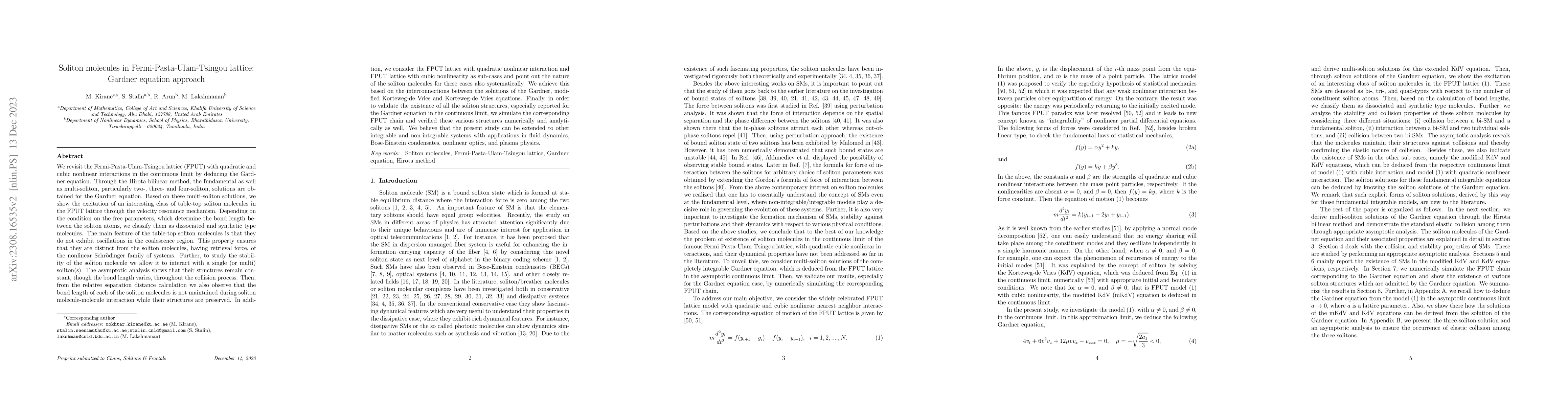 Thumbnail for Soliton molecules in Fermi-Pasta-Ulam-Tsingou lattice: Gardner equation
  approach