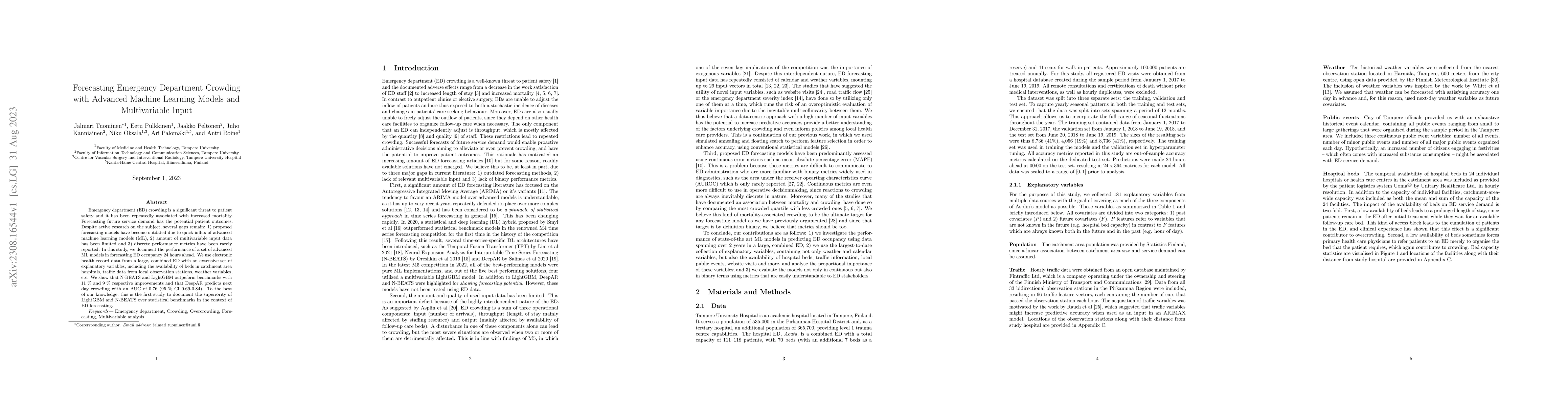 Thumbnail for Forecasting Emergency Department Crowding with Advanced Machine Learning
  Models and Multivariable Input
