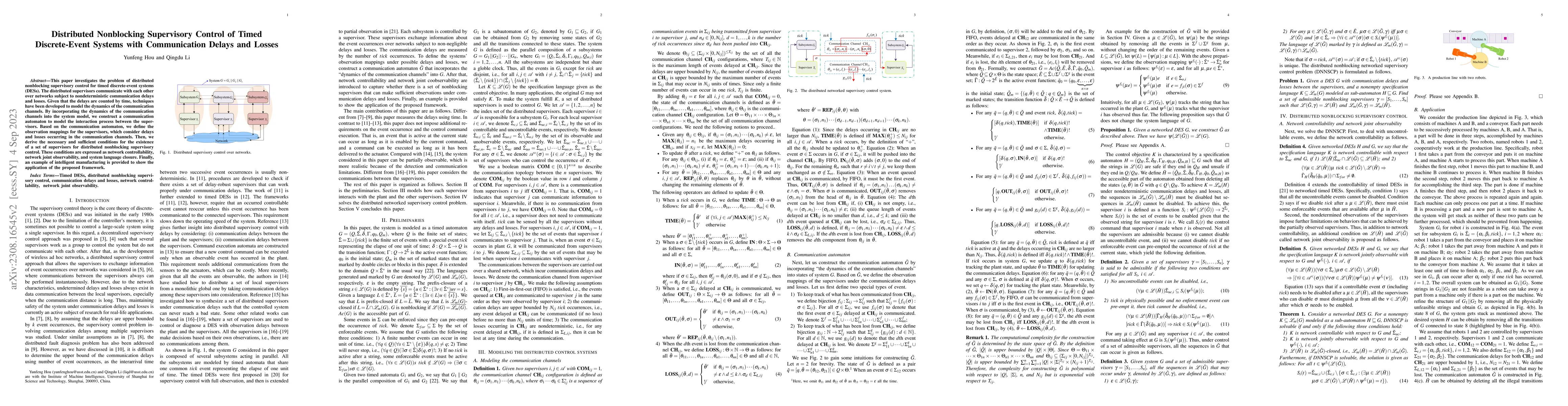 Thumbnail for Distributed Nonblocking Supervisory Control of Timed Discrete-Event
  Systems with Communication Delays and Losses