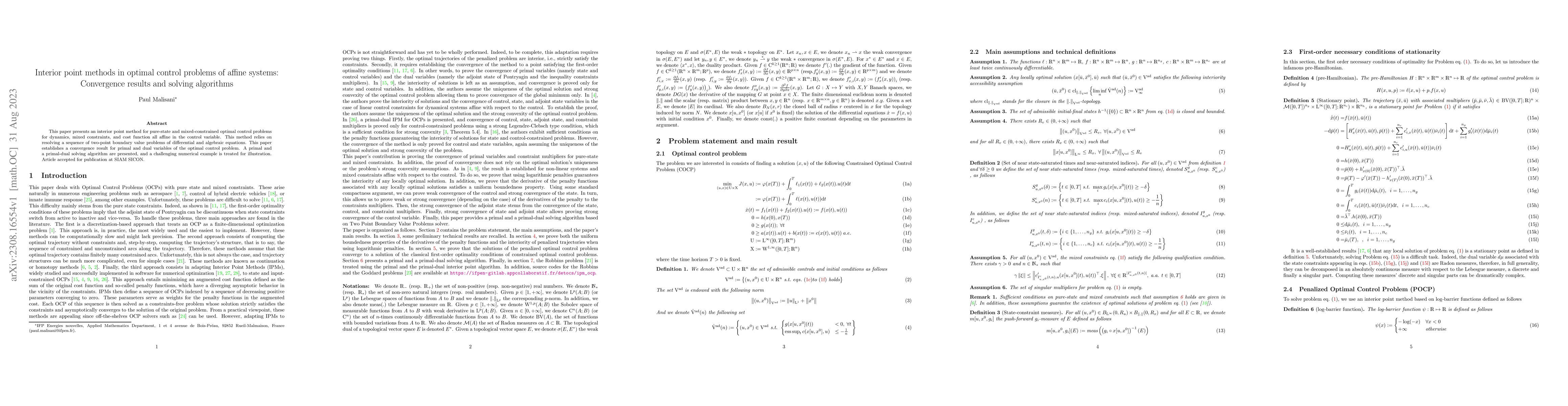 Thumbnail for Interior point methods in optimal control problems of affine systems:
  Convergence results and solving algorithms