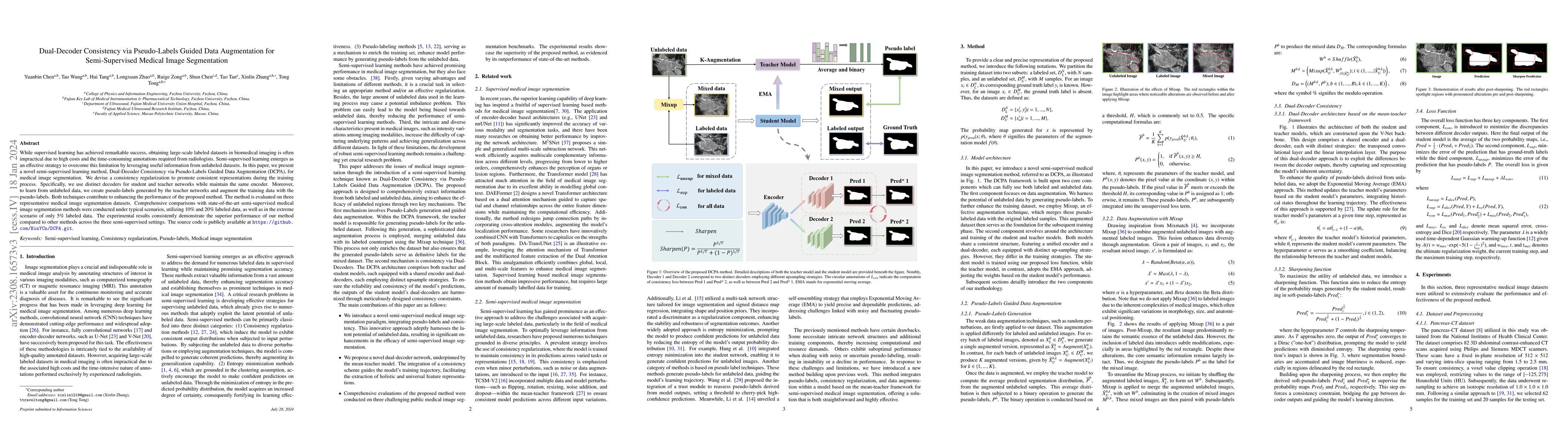 Thumbnail for Dual-Decoder Consistency via Pseudo-Labels Guided Data Augmentation for
  Semi-Supervised Medical Image Segmentation