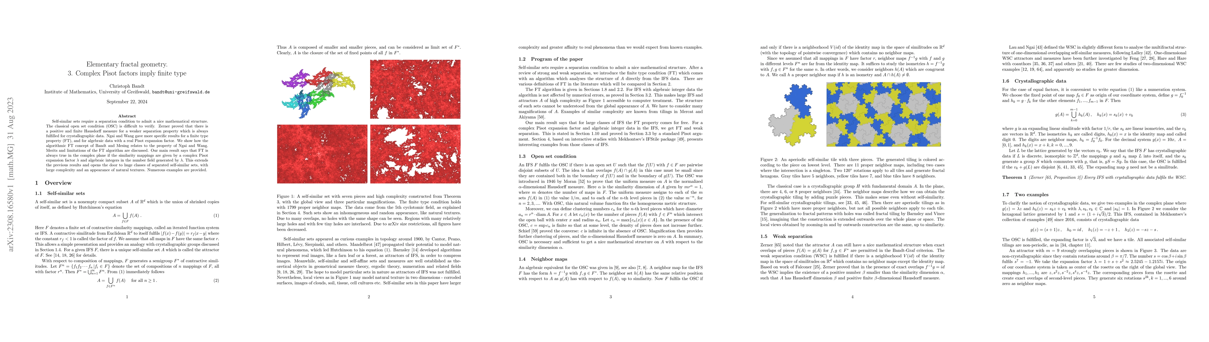 Thumbnail for Elementary fractal geometry. 3. Complex Pisot factors imply finite type
