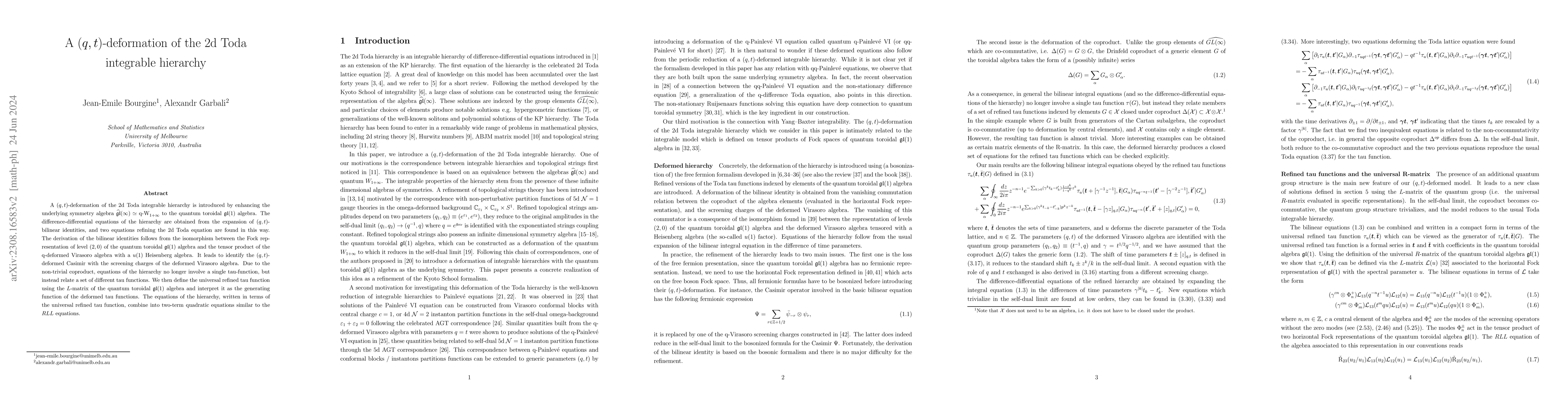Thumbnail for A $(q,t)$-deformation of the 2d Toda integrable hierarchy