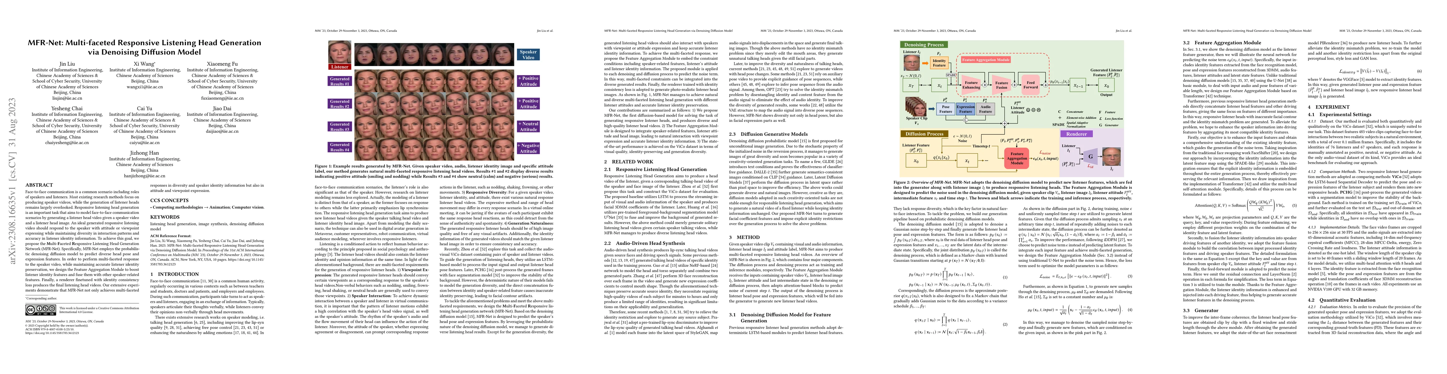 Thumbnail for MFR-Net: Multi-faceted Responsive Listening Head Generation via
  Denoising Diffusion Model