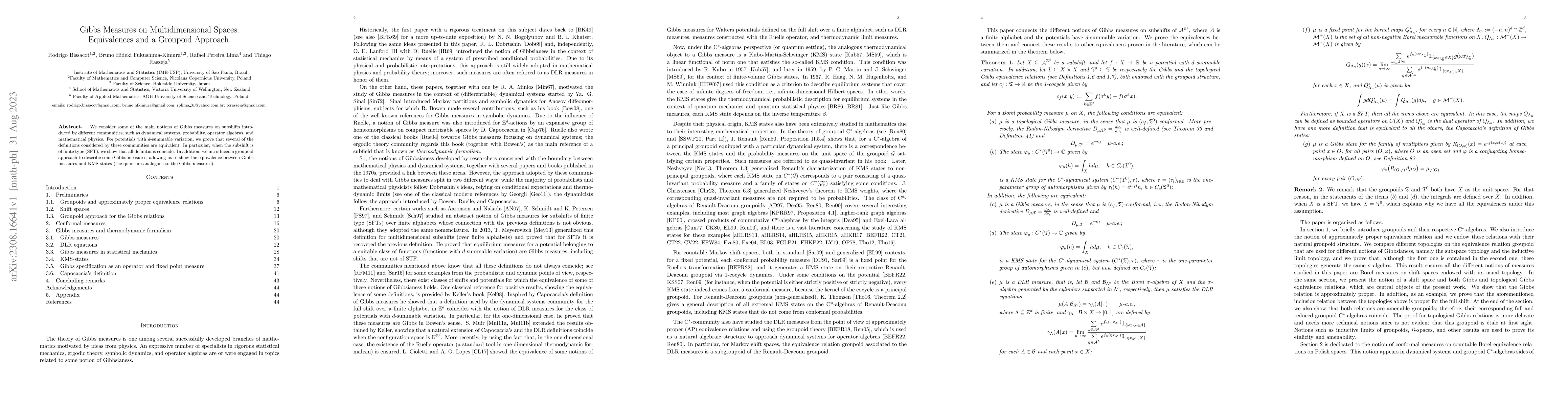 Thumbnail for Gibbs Measures on Multidimensional Spaces. Equivalences and a Groupoid
  Approach