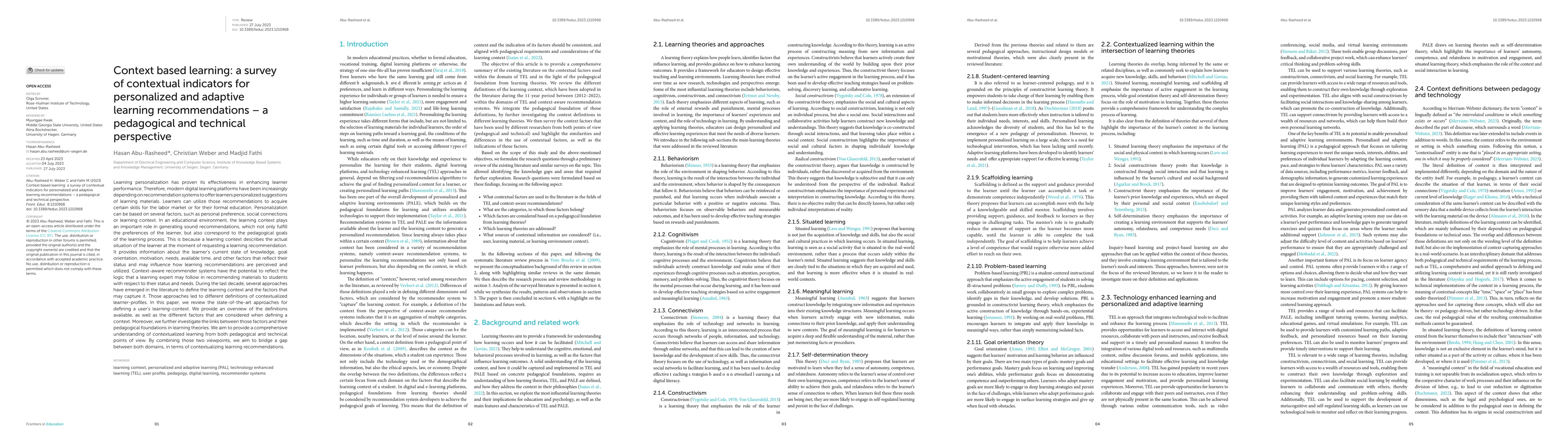 Thumbnail for Context based learning: a survey of contextual indicators for
  personalized and adaptive learning recommendations. A pedagogical and
  technical perspective