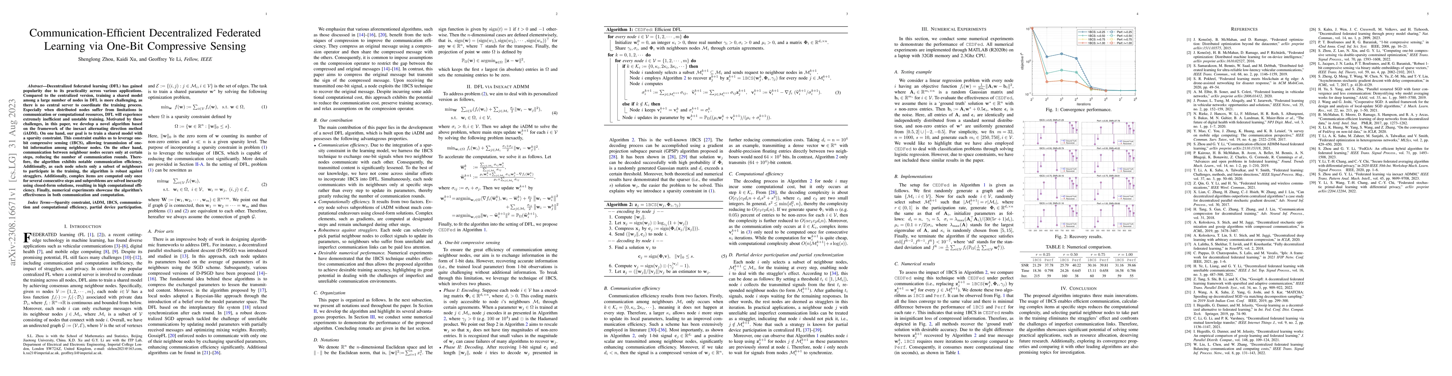 Thumbnail for Communication-Efficient Decentralized Federated Learning via One-Bit
  Compressive Sensing
