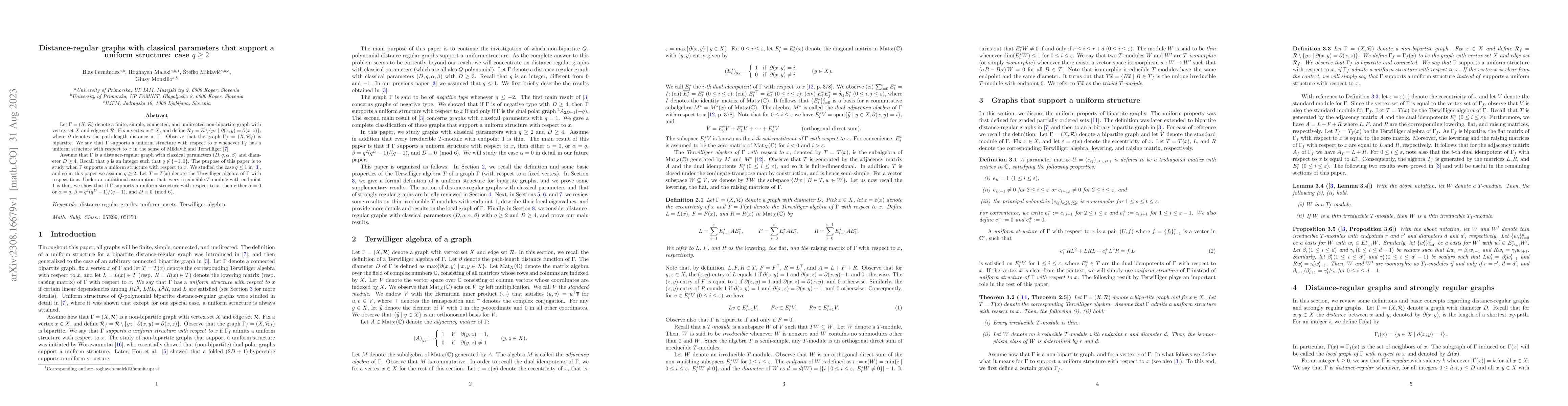 Thumbnail for Distance-regular graphs with classical parameters that support a uniform
  structure: case $q \ge 2$