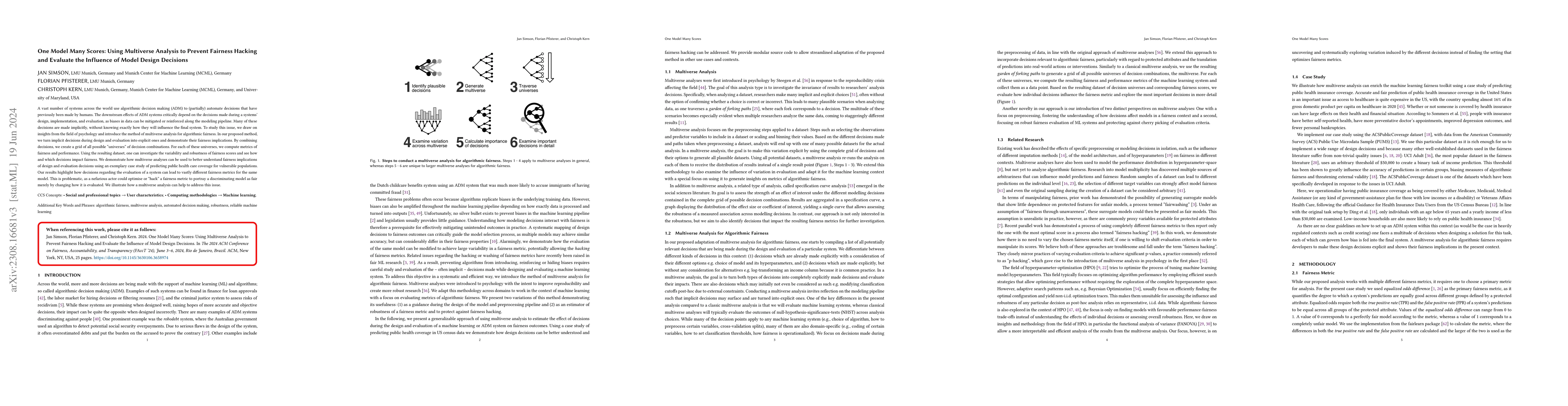 Thumbnail for One Model Many Scores: Using Multiverse Analysis to Prevent Fairness
  Hacking and Evaluate the Influence of Model Design Decisions