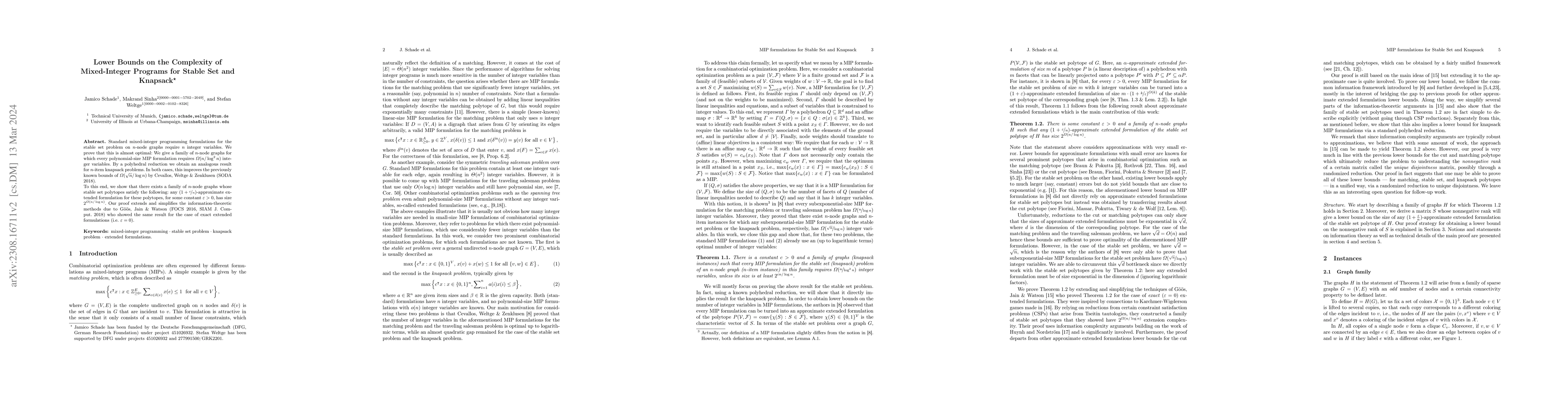 Thumbnail for Lower Bounds on the Complexity of Mixed-Integer Programs for Stable Set
  and Knapsack