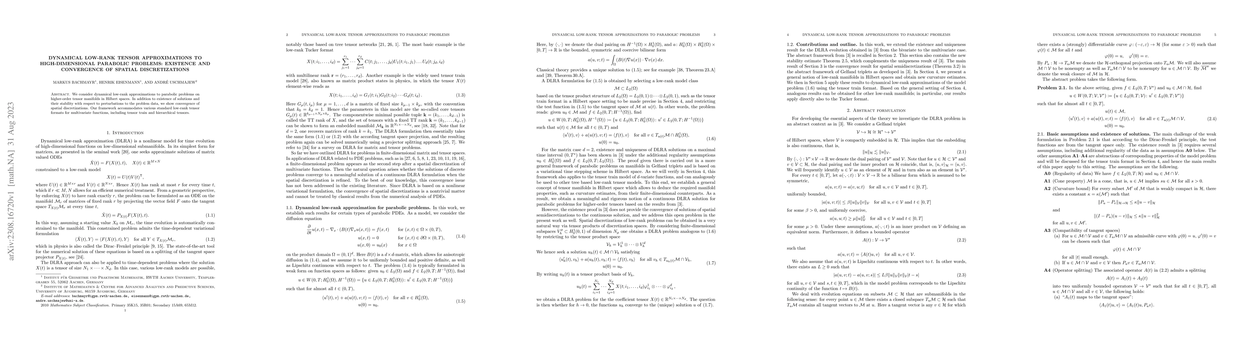 Thumbnail for Dynamical low-rank tensor approximations to high-dimensional parabolic
  problems: existence and convergence of spatial discretizations