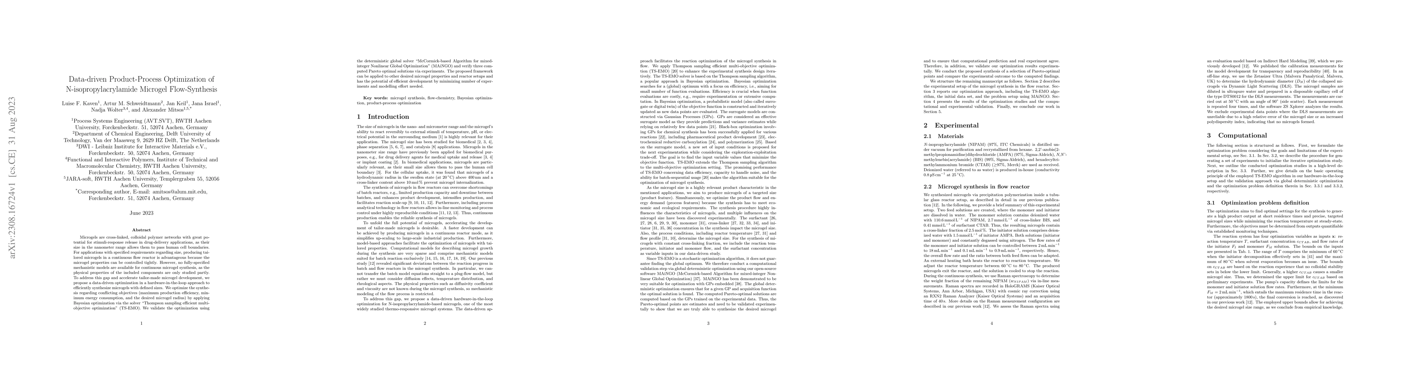 Thumbnail for Data-driven Product-Process Optimization of N-isopropylacrylamide
  Microgel Flow-Synthesis