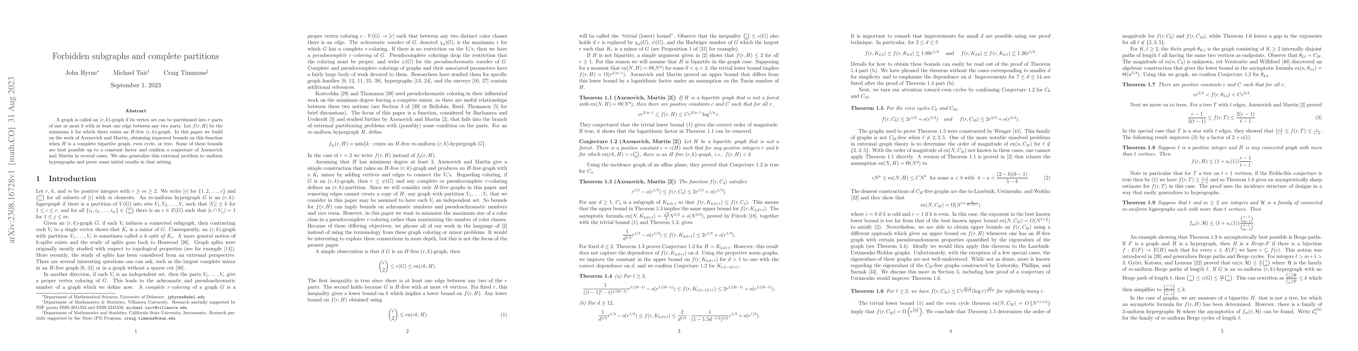 Thumbnail for Forbidden subgraphs and complete partitions