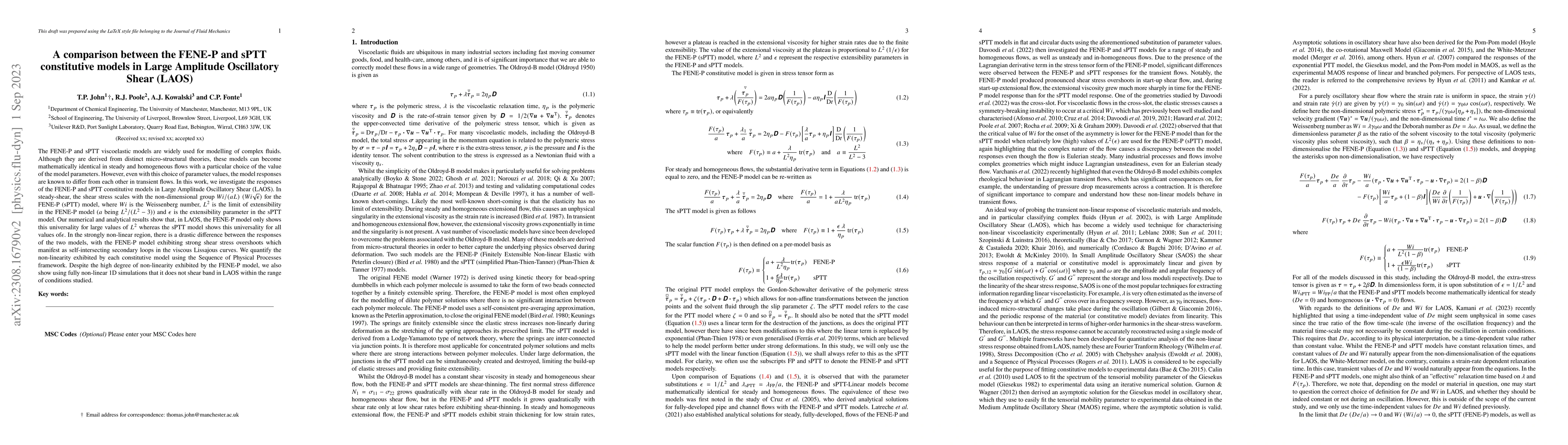 Thumbnail for A comparison between the FENE-P and sPTT constitutive models in Large
  Amplitude Oscillatory Shear (LAOS)