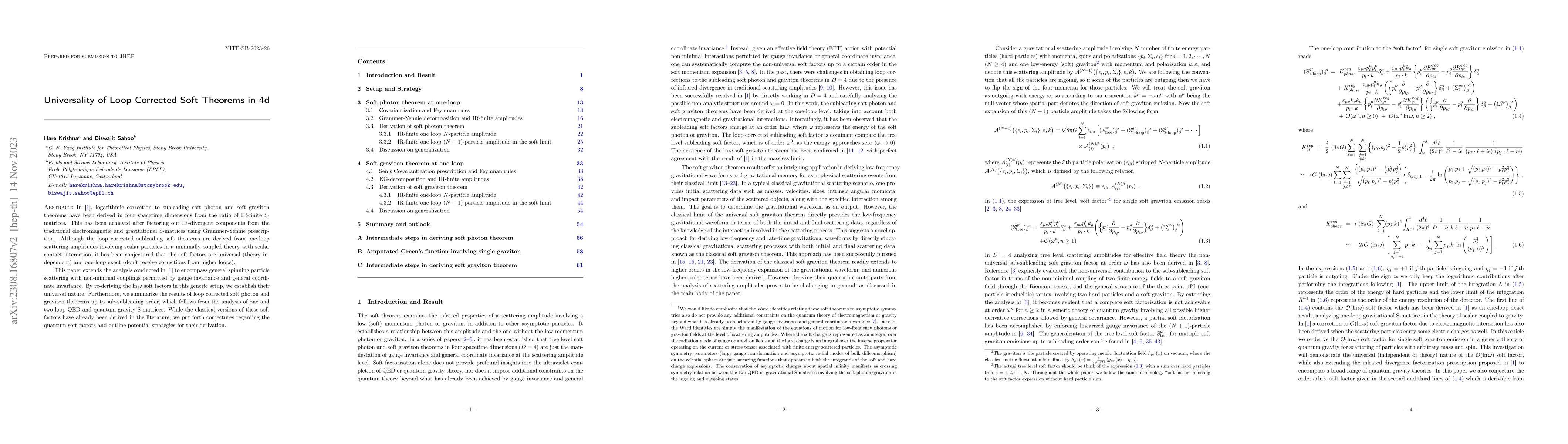 Thumbnail for Universality of Loop Corrected Soft Theorems in 4d