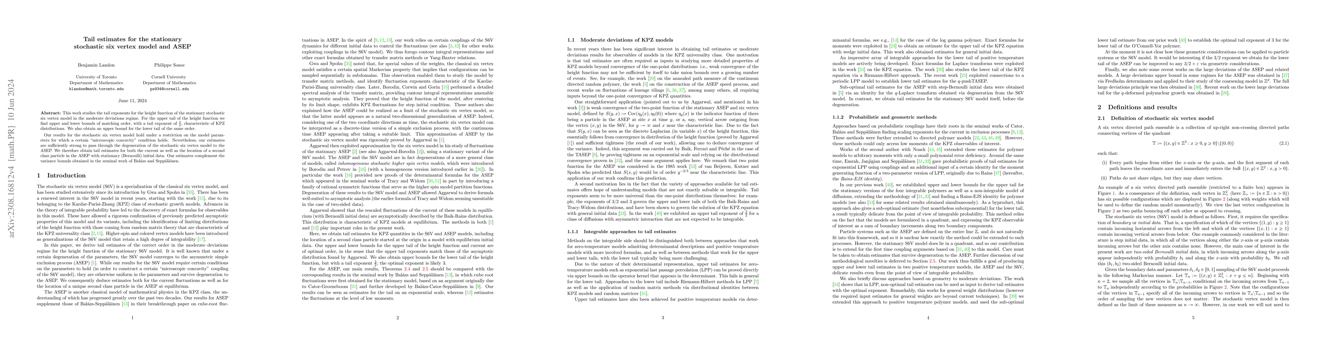 Thumbnail for Tail estimates for the stationary stochastic six vertex model and ASEP