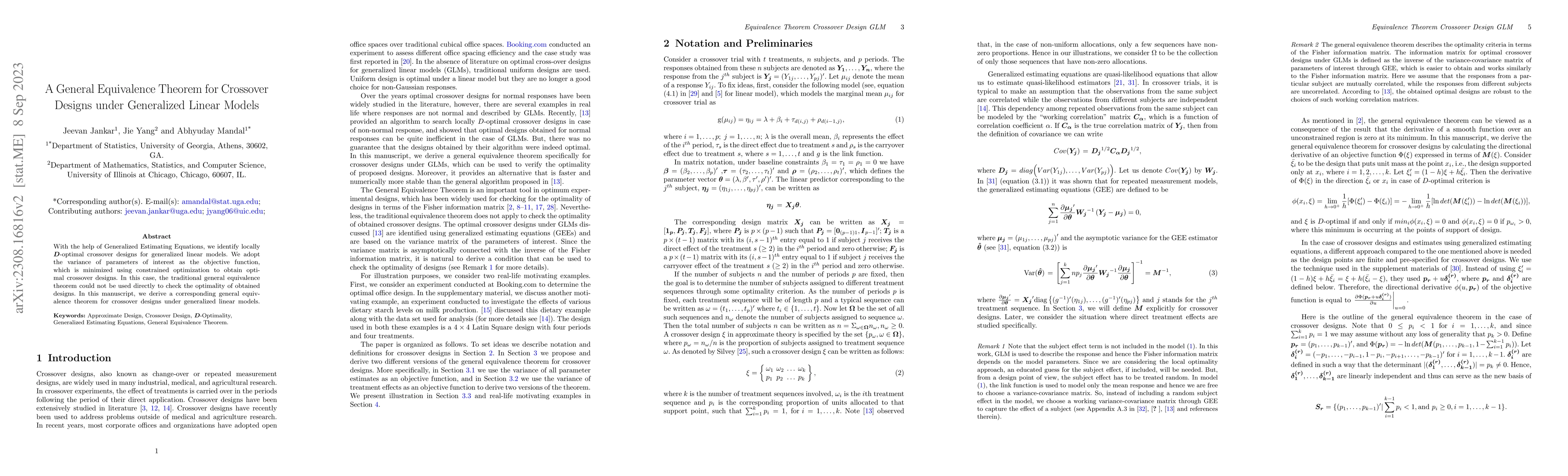 Thumbnail for A General Equivalence Theorem for Crossover Designs under Generalized
  Linear Models