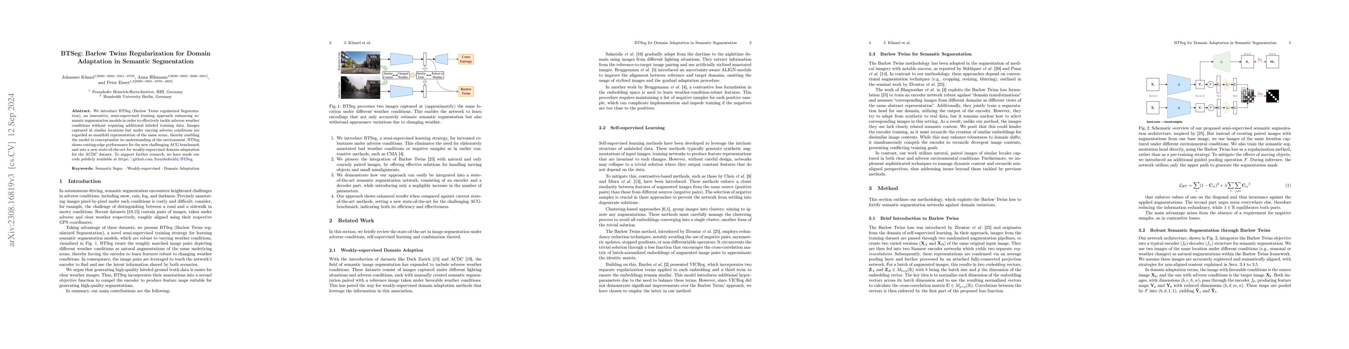 Thumbnail for BTSeg: Barlow Twins Regularization for Domain Adaptation in Semantic
  Segmentation