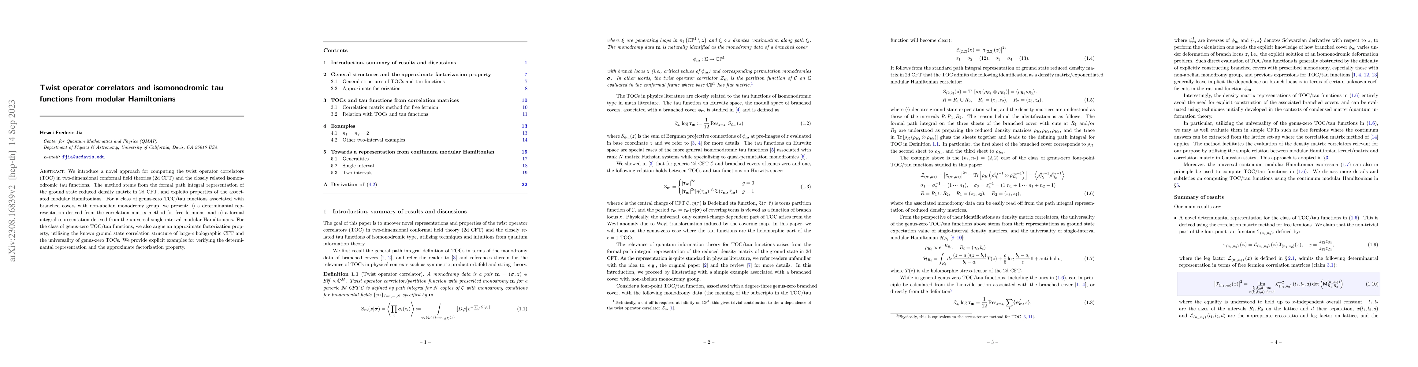 Thumbnail for Twist operator correlators and isomonodromic tau functions from modular
  Hamiltonians