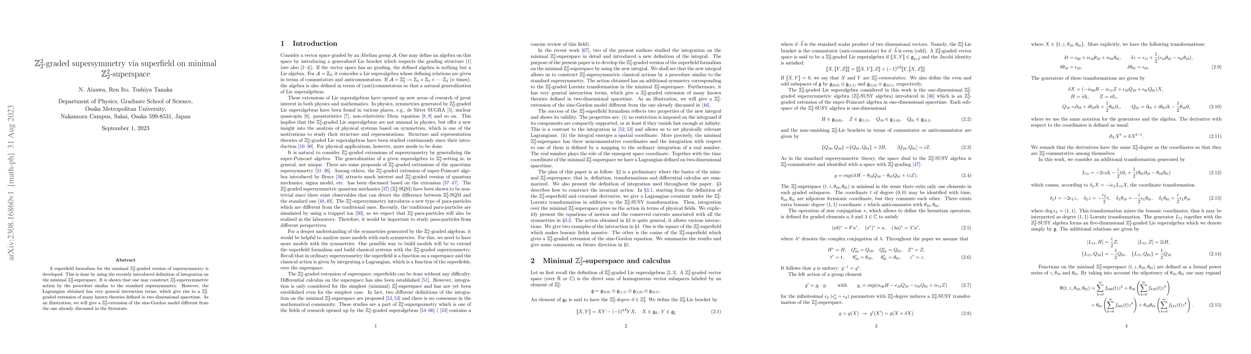 Thumbnail for $\mathbb{Z}_2^2$-graded supersymmetry via superfield on minimal
  $\mathbb{Z}_2^2$-superspace