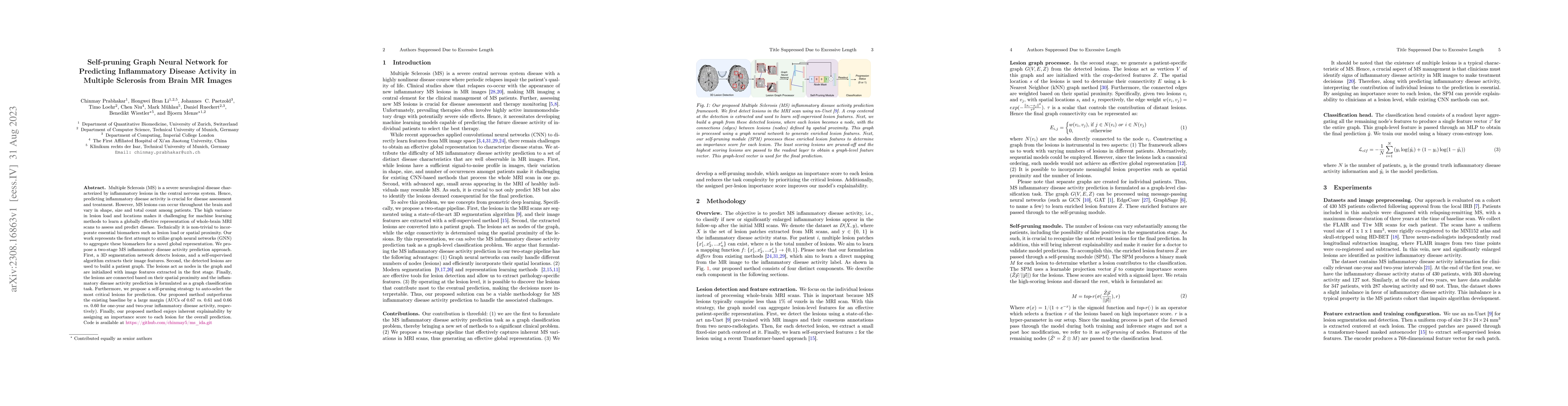 Thumbnail for Self-pruning Graph Neural Network for Predicting Inflammatory Disease
  Activity in Multiple Sclerosis from Brain MR Images