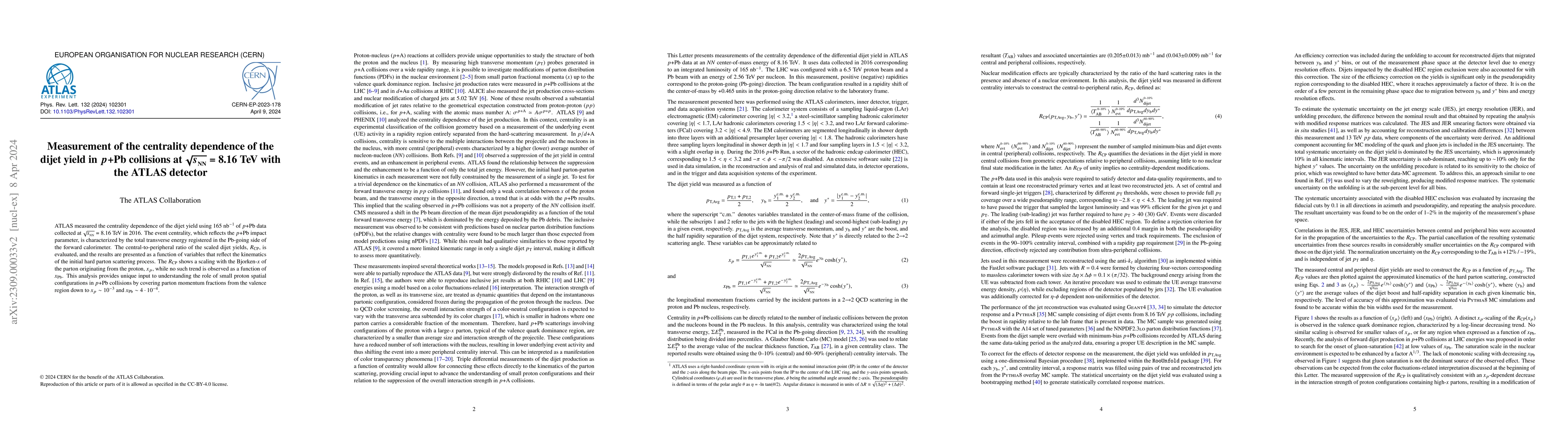 Thumbnail for Measurement of the centrality dependence of the dijet yield in $p$+Pb
  collisions at $\sqrt{s_{_\text{NN}}}$ = 8.16 TeV with the ATLAS detector
