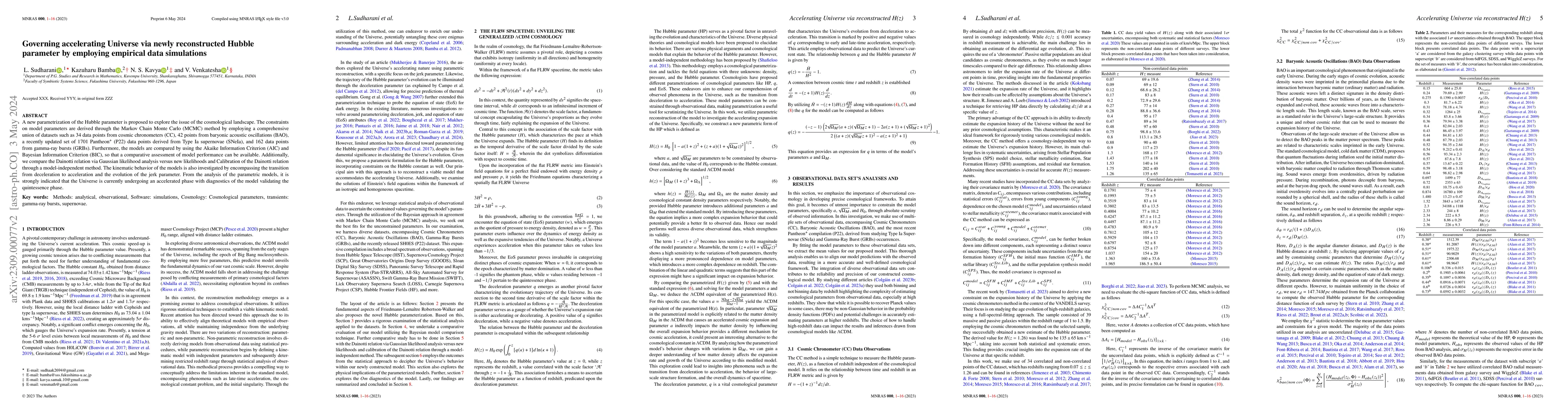 Thumbnail for Governing accelerating Universe via newly reconstructed Hubble parameter
  by employing empirical data simulations