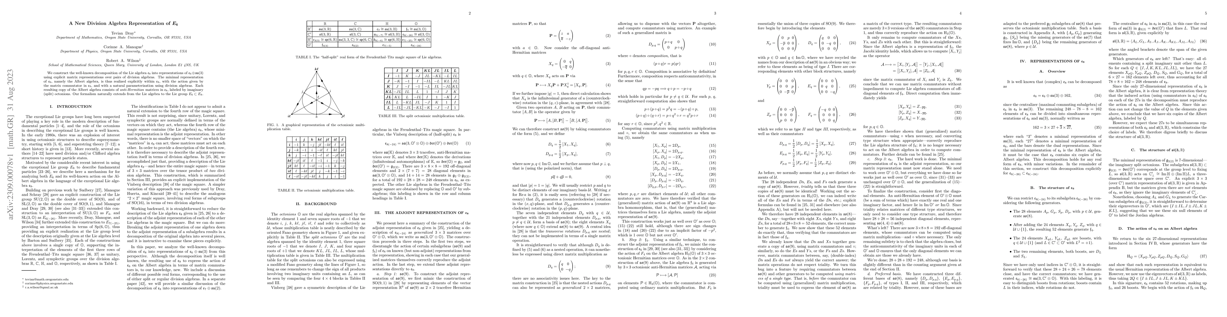 Thumbnail for A New Division Algebra Representation of $E_6$