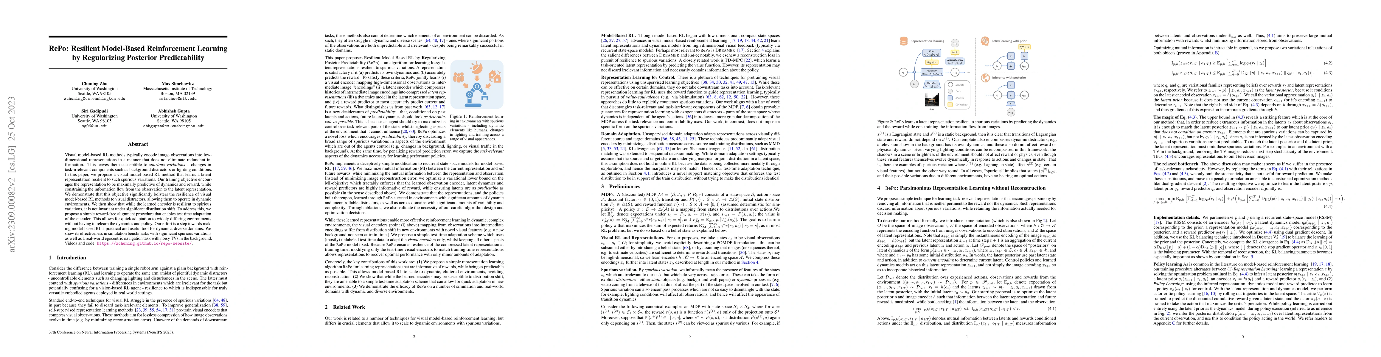 Thumbnail for RePo: Resilient Model-Based Reinforcement Learning by Regularizing
  Posterior Predictability
