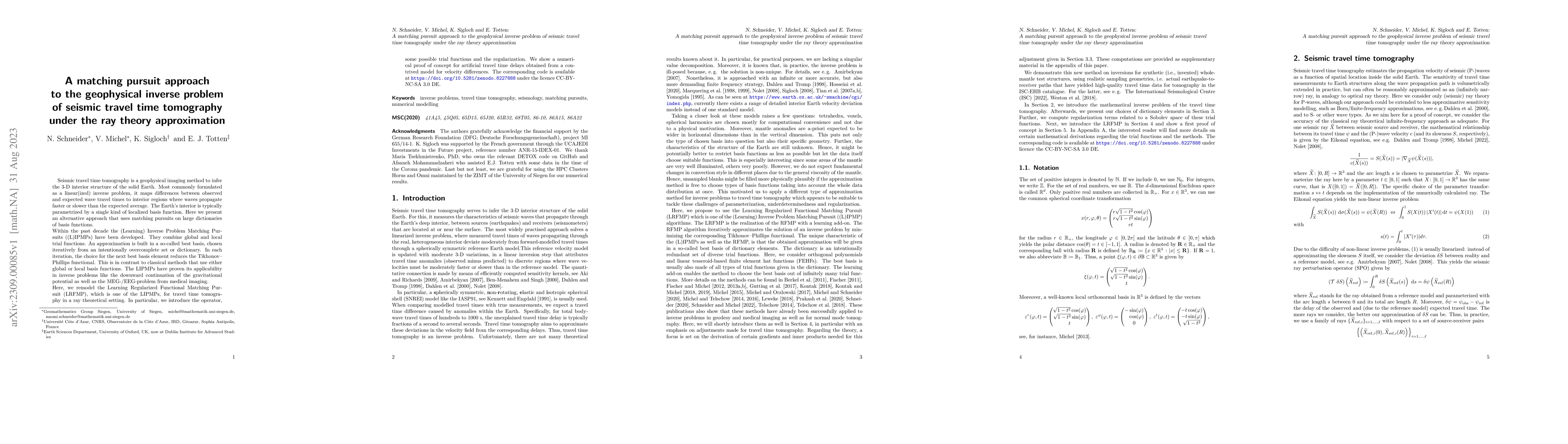 Thumbnail for A matching pursuit approach to the geophysical inverse problem of
  seismic travel time tomography under the ray theory approximation