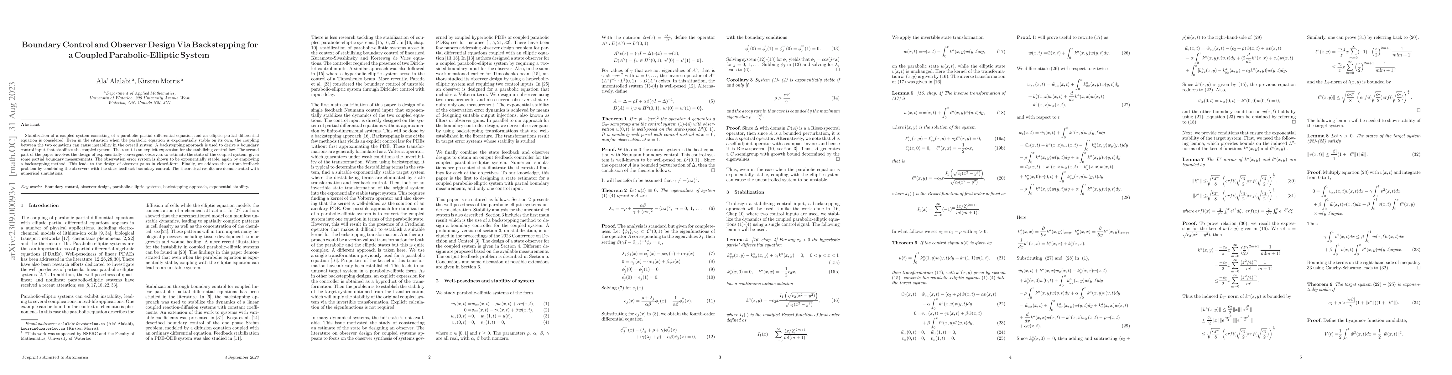 Thumbnail for Boundary Control and Observer Design Via Backstepping for a Coupled
  Parabolic-Elliptic System