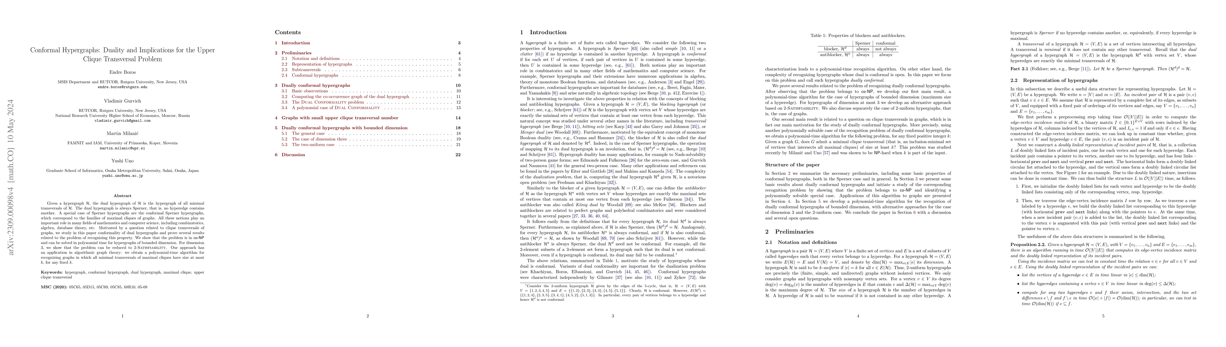 Thumbnail for Conformal Hypergraphs: Duality and Implications for the Upper Clique
  Transversal Problem