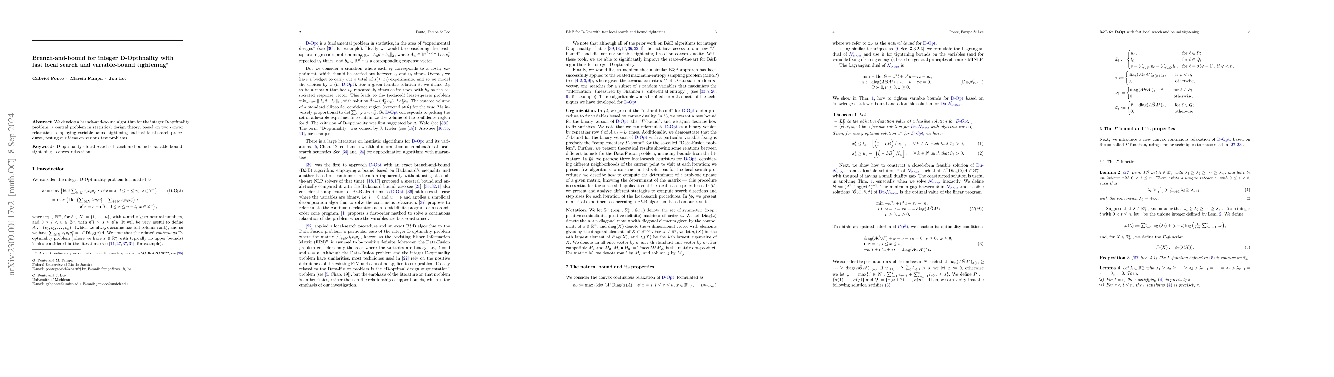 Thumbnail for Branch-and-bound for integer D-Optimality with fast local search and
  variable-bound tightening