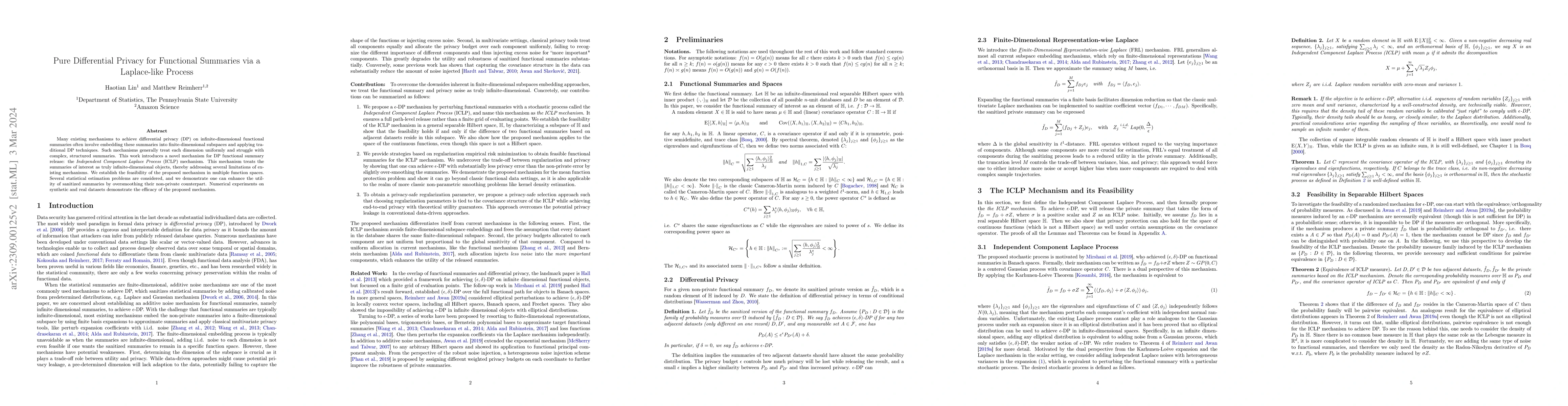 Thumbnail for Pure Differential Privacy for Functional Summaries via a Laplace-like
  Process