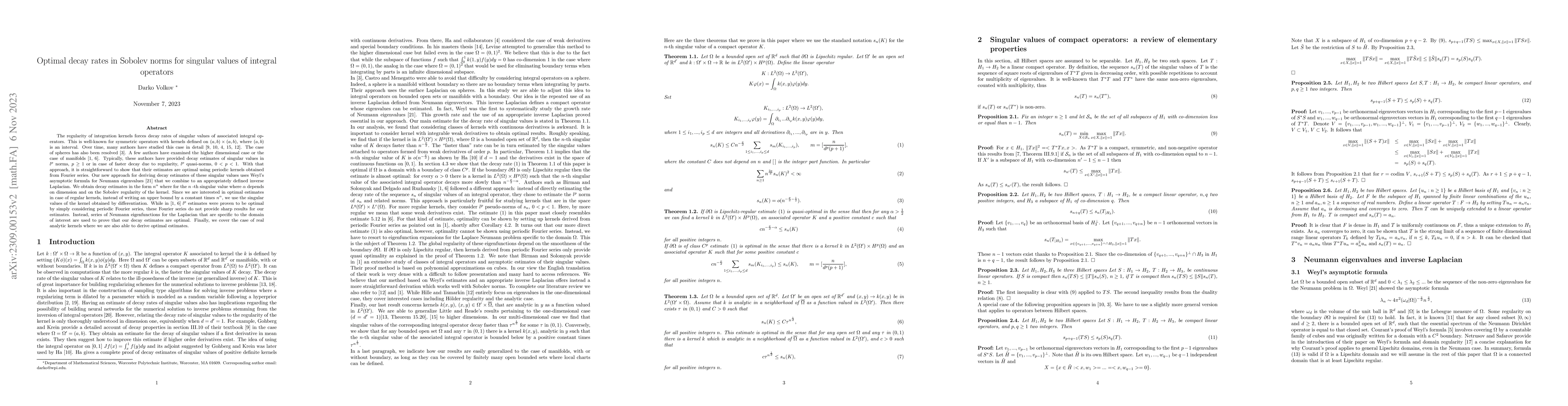 Thumbnail for Optimal decay rates in Sobolev norms for singular values of integral
  operators