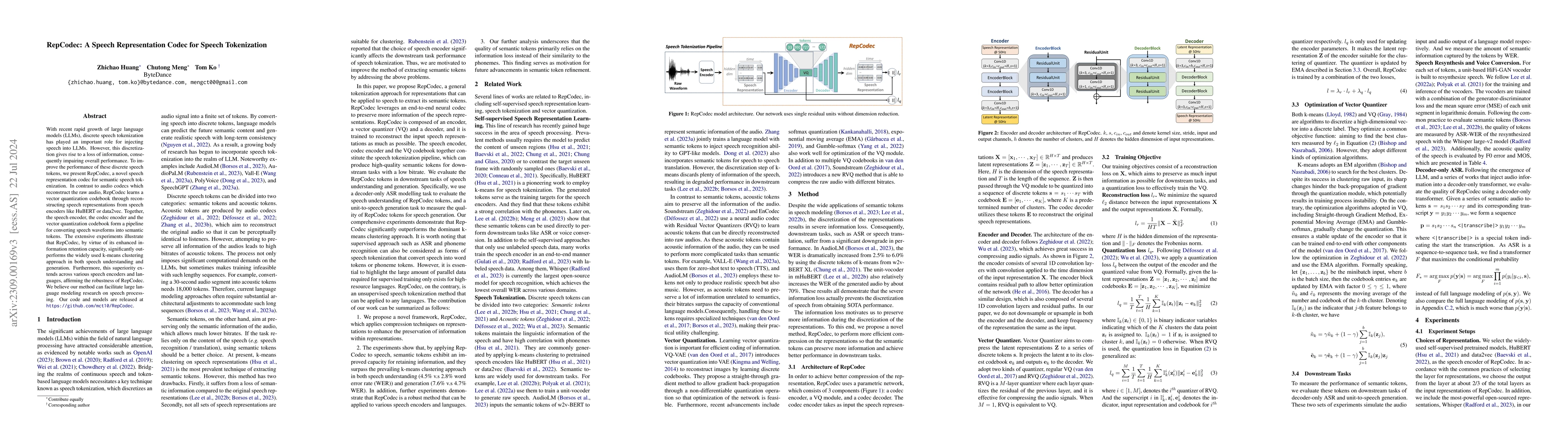 Thumbnail for RepCodec: A Speech Representation Codec for Speech Tokenization