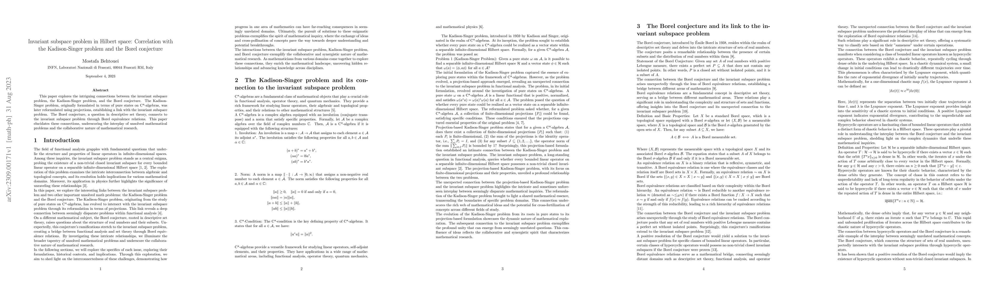 Thumbnail for Invariant subspace problem in Hilbert space: Correlation with the
  Kadison-Singer problem and the Borel conjecture