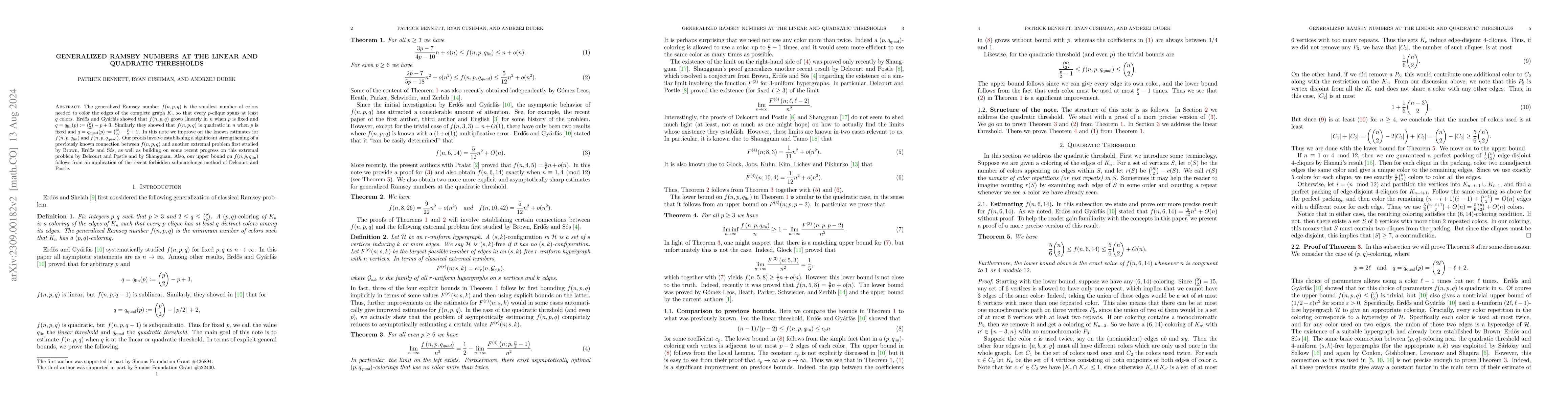 Thumbnail for Generalized Ramsey numbers at the linear and quadratic thresholds
