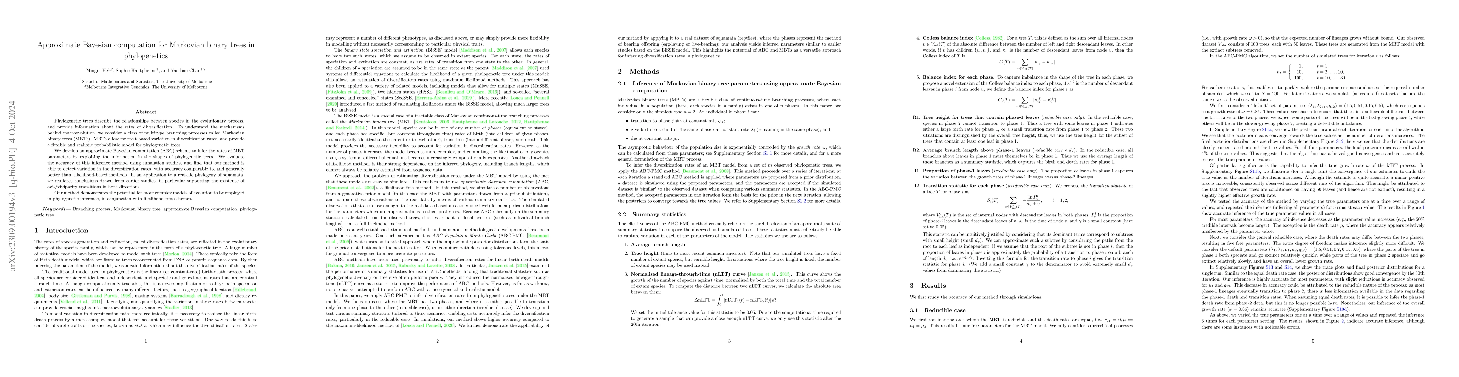 Thumbnail for Approximate Bayesian computation for Markovian binary trees in
  phylogenetics