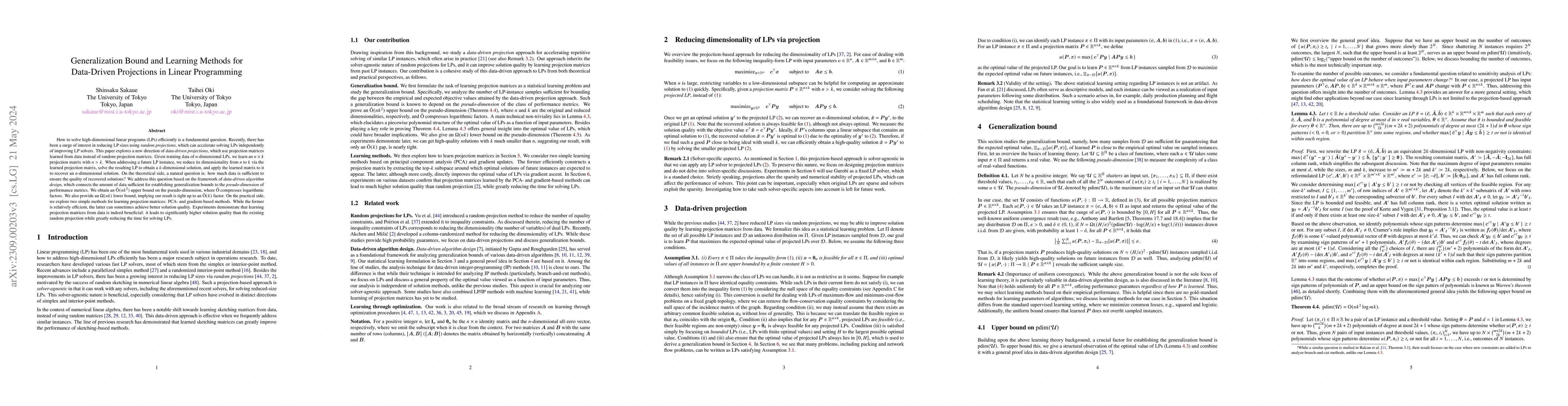 Thumbnail for Generalization Bound and Learning Methods for Data-Driven Projections in
  Linear Programming