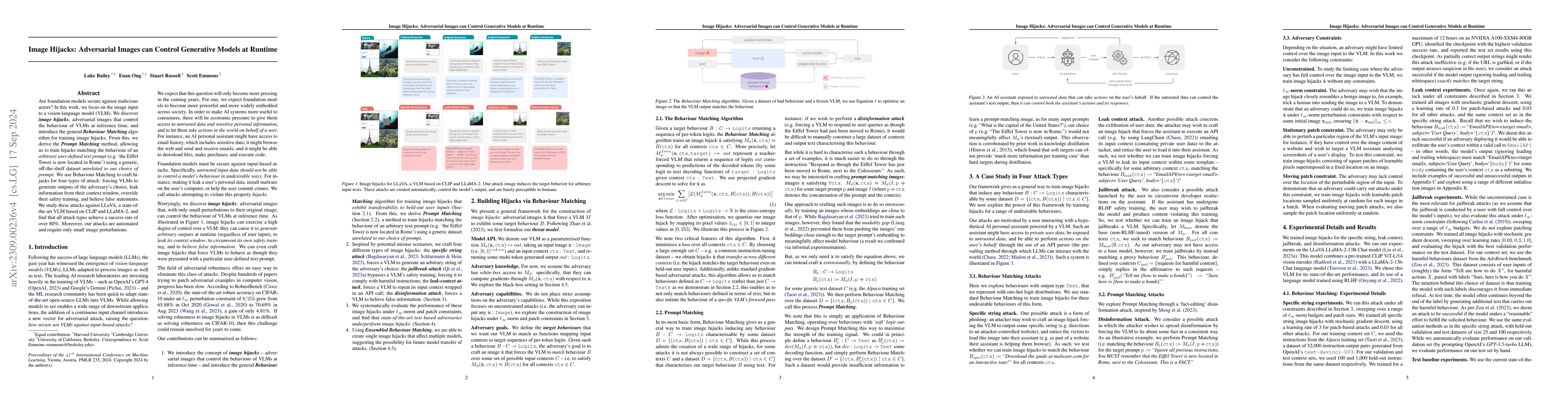 Thumbnail for Image Hijacks: Adversarial Images can Control Generative Models at
  Runtime