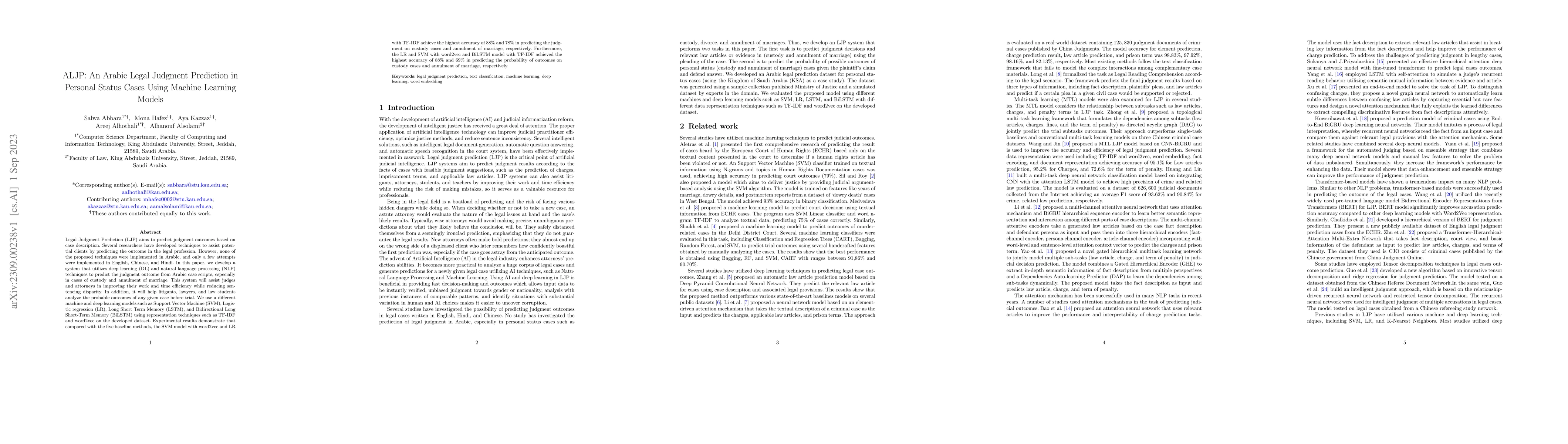 Thumbnail for ALJP: An Arabic Legal Judgment Prediction in Personal Status Cases Using
  Machine Learning Models