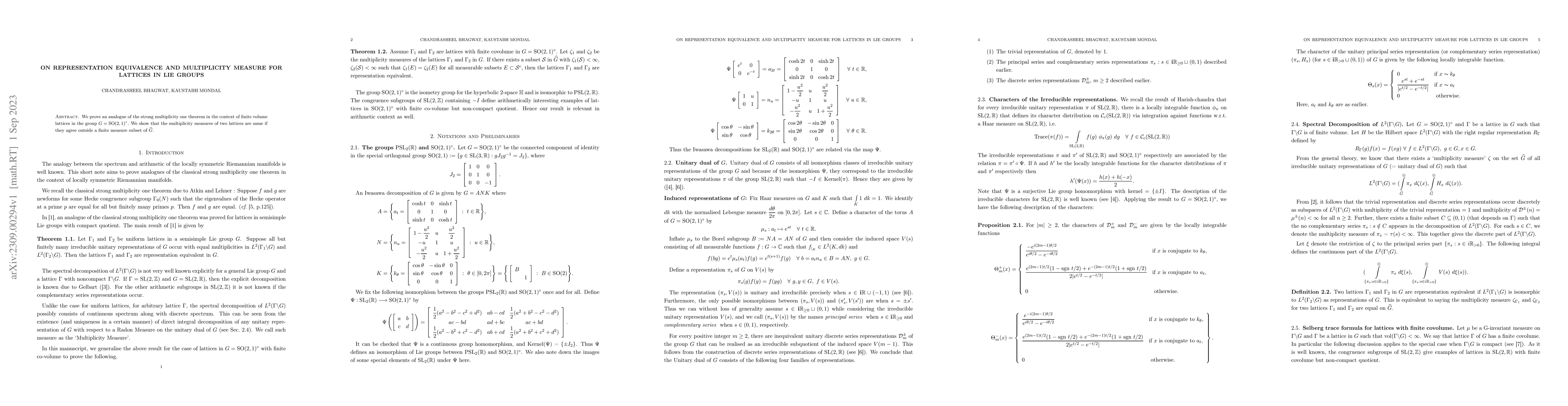Thumbnail for On representation equivalence and multiplicity measure for lattices in
  Lie Groups