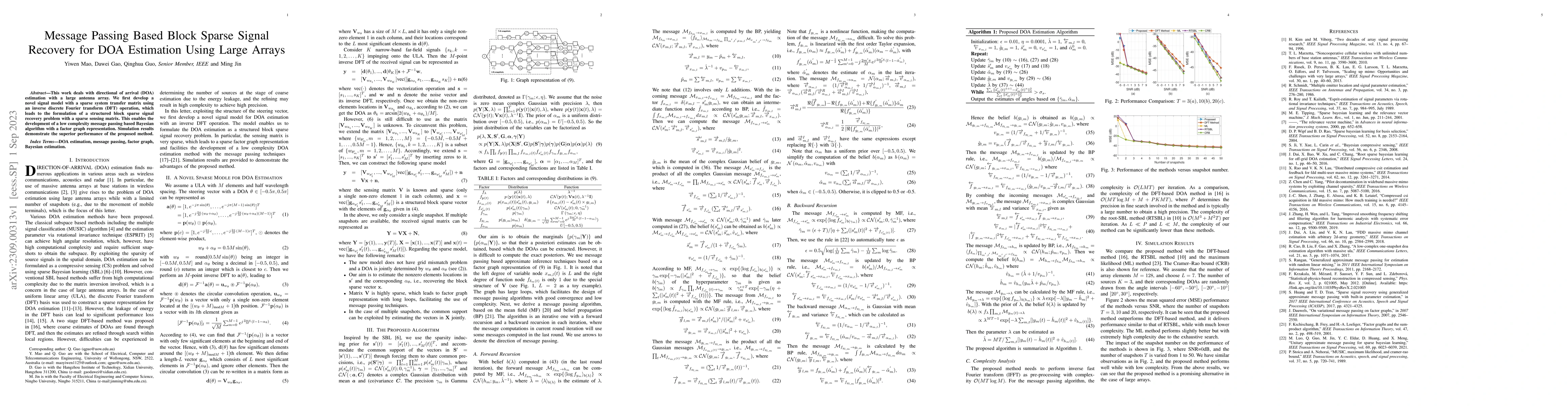 Thumbnail for Message Passing Based Block Sparse Signal Recovery for DOA Estimation
  Using Large Arrays