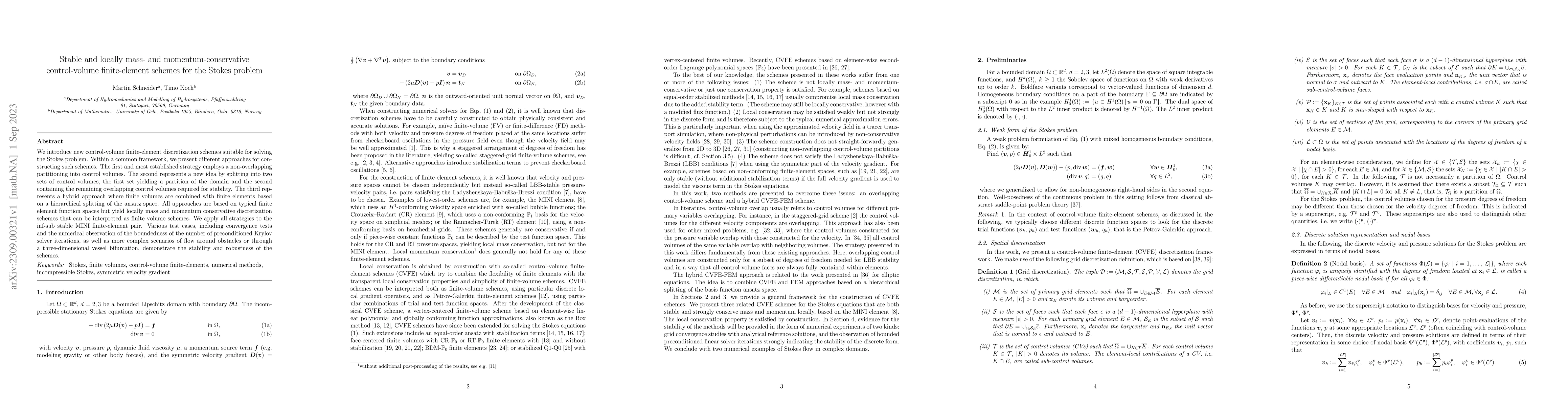 Thumbnail for Stable and locally mass- and momentum-conservative control-volume
  finite-element schemes for the Stokes problem