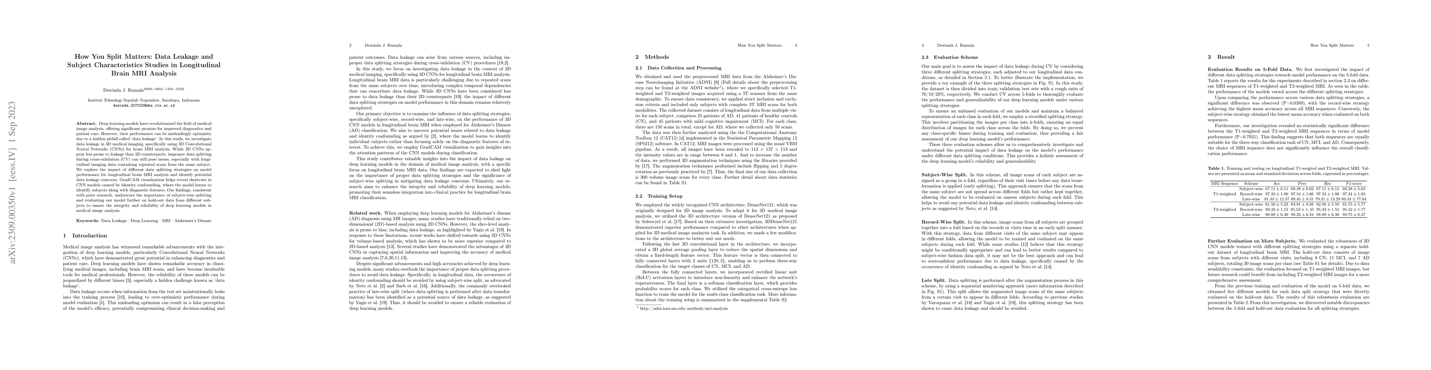 Thumbnail for How You Split Matters: Data Leakage and Subject Characteristics Studies
  in Longitudinal Brain MRI Analysis