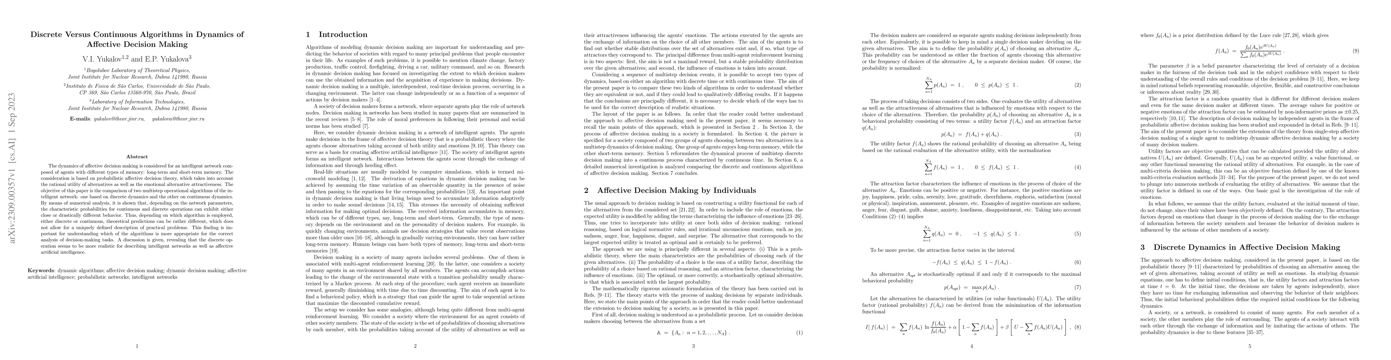Thumbnail for Discrete Versus Continuous Algorithms in Dynamics of Affective Decision
  Making