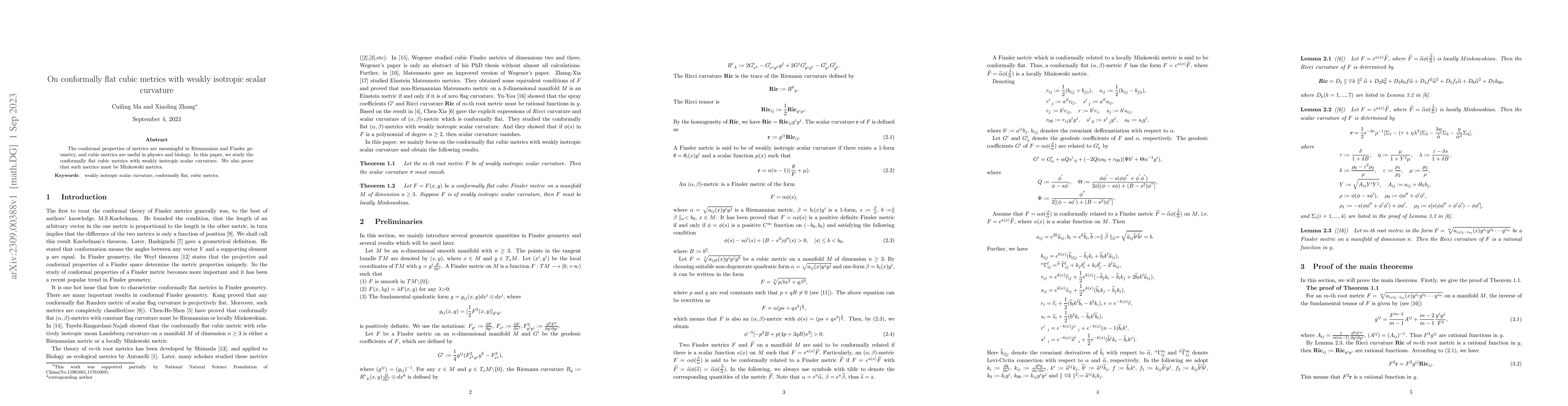 Thumbnail for On conformally flat cubic metrics with weakly isotropic scalar curvature