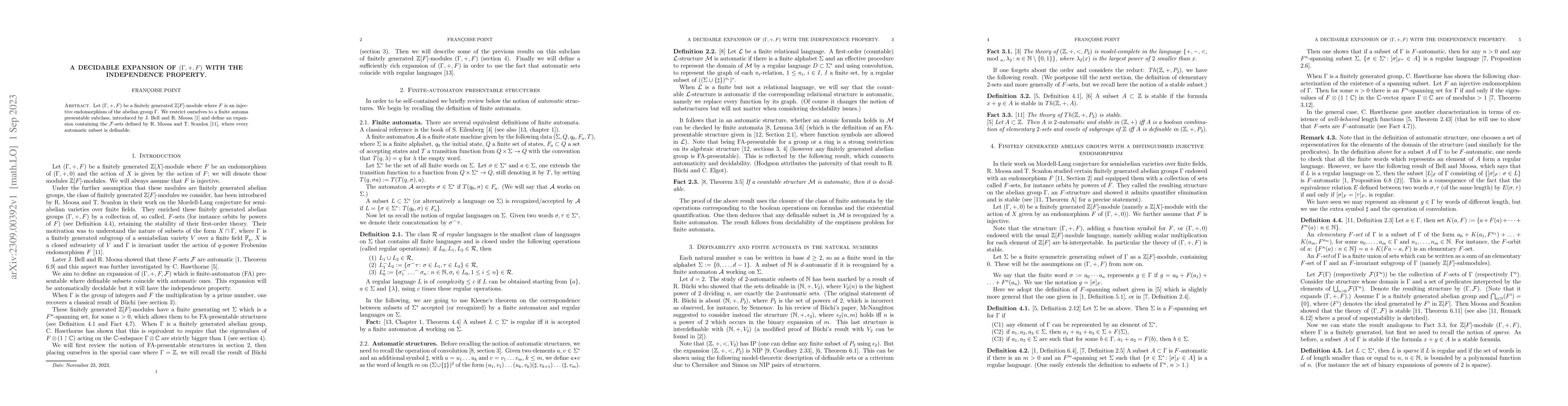 Thumbnail for A decidable expansion of $(\Gamma,+,F)$ with the independence property